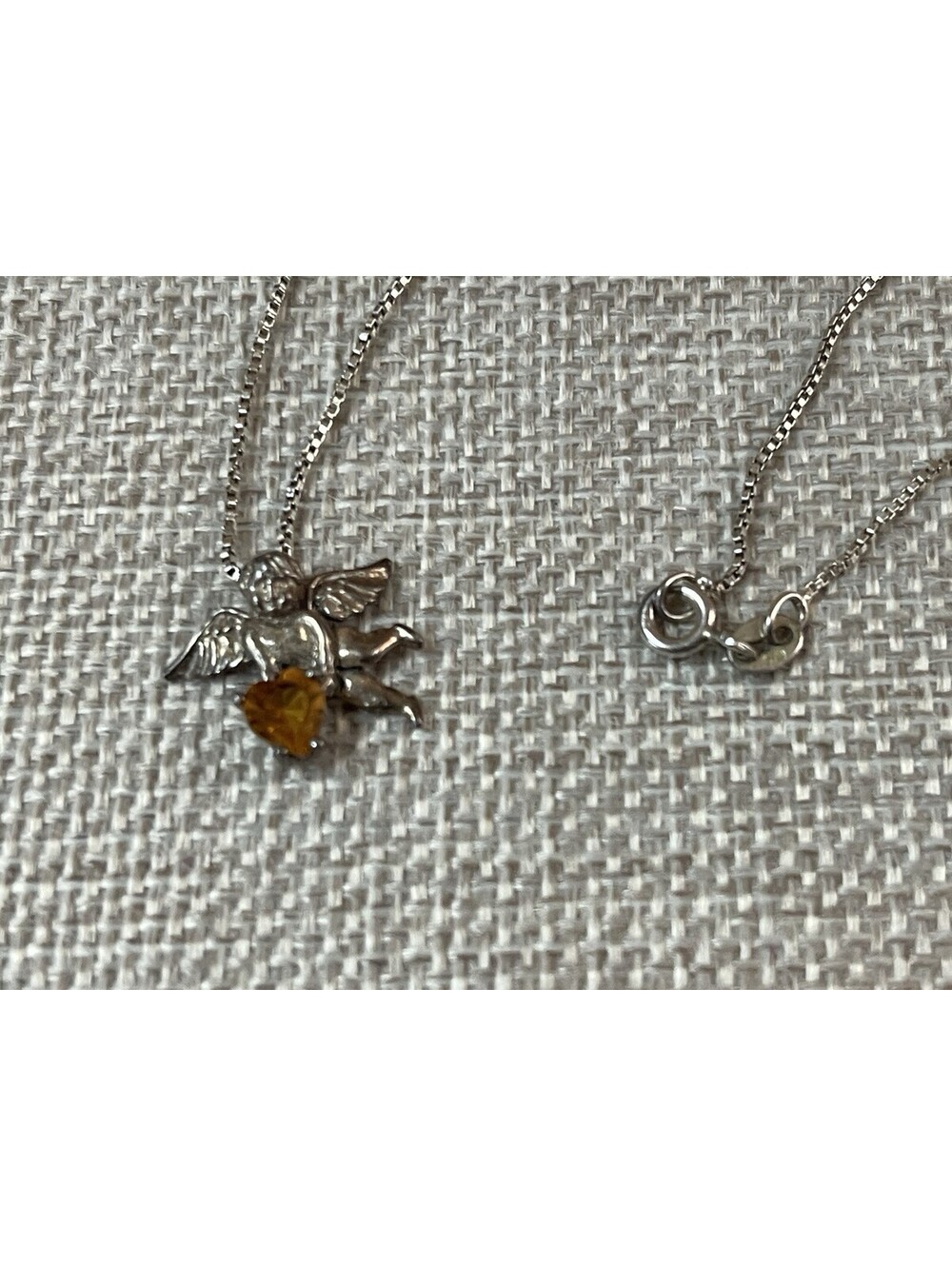 Vintage Sterling Silver Angel Wings Citrine Accent Pendant Chain Necklace